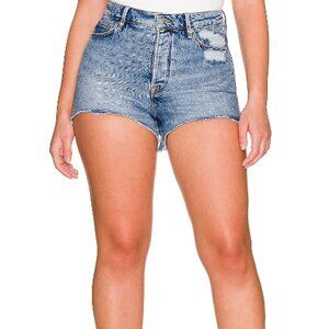 Good American Bombshell Shadow Pocket Jean Shorts High Rise Button Fly Sz 15/34